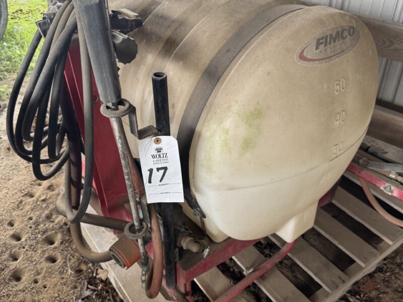 Lot 17: Fimco 50 gallon 3 pt sprayer, 540 PTO. Booms and hand held sprayer wand.